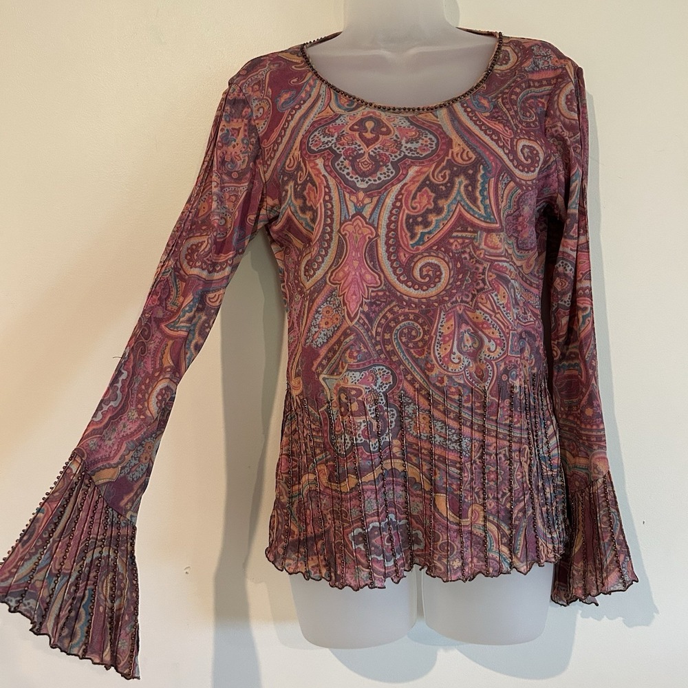 Vtg Y2K Haven Blue Mesh Beaded Top Sz M Bell Sleeve Boho Paisley Festival Hippie